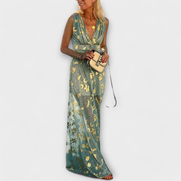 Marina - Dlouhé šaty s detaily z flitrů a výstřihem do V