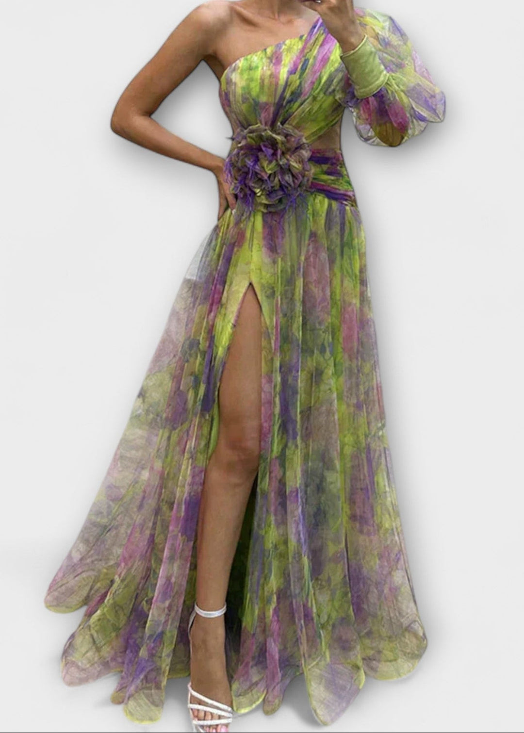 Amálie - Šaty s jedním rukávem a rozparkem