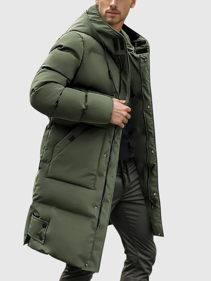 Jan – Dlouhý prošívaný kabát s kapucí