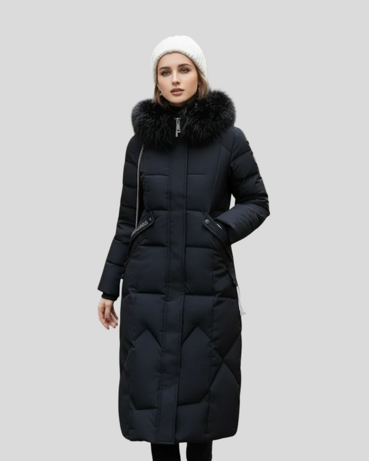 Šárka - Dlouhý puffer kabát s luxusním kožíškem