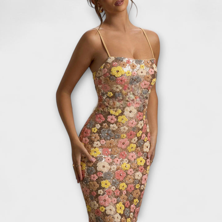 Boleslava - Dlouhé šaty s květinovým potiskem a flitry