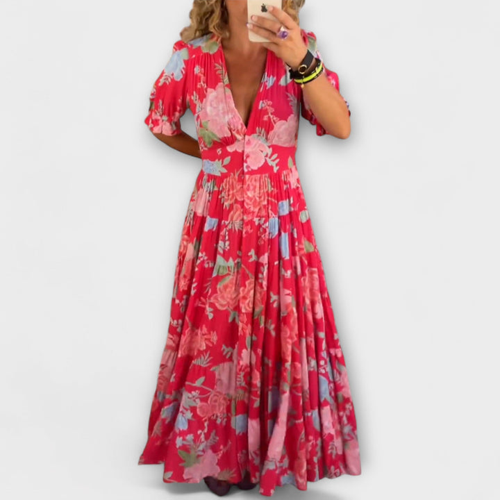 Nicole - Dlouhá květinová šaty s výstřihem do V