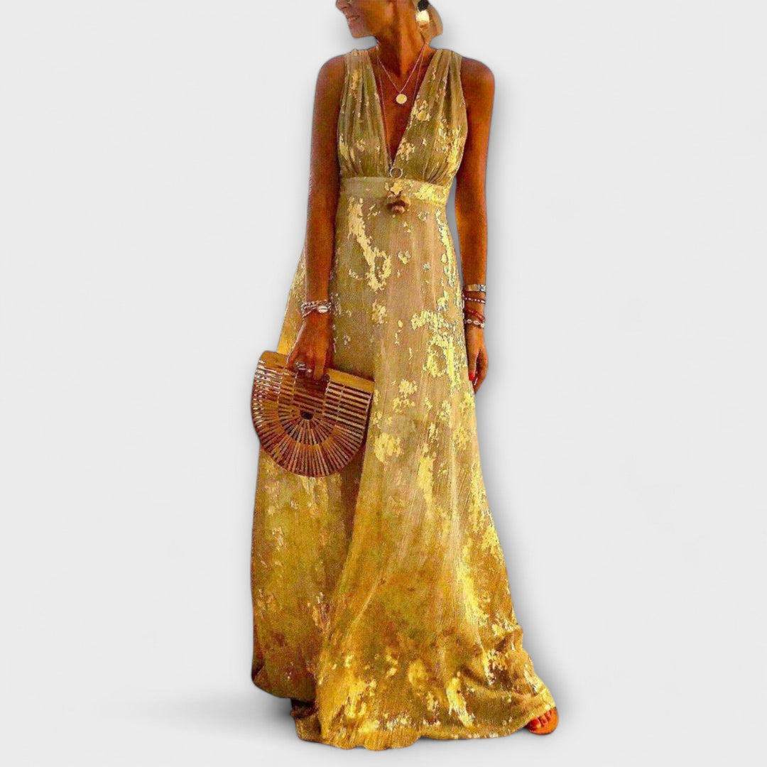 Marina - Dlouhé šaty s detaily z flitrů a výstřihem do V