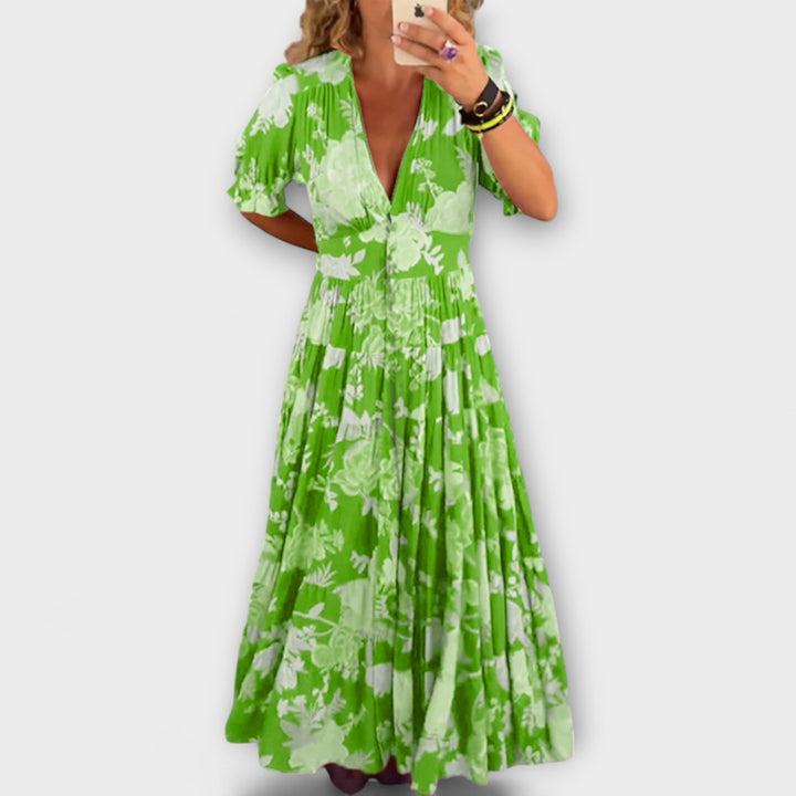 Nicole - Dlouhá květinová šaty s výstřihem do V