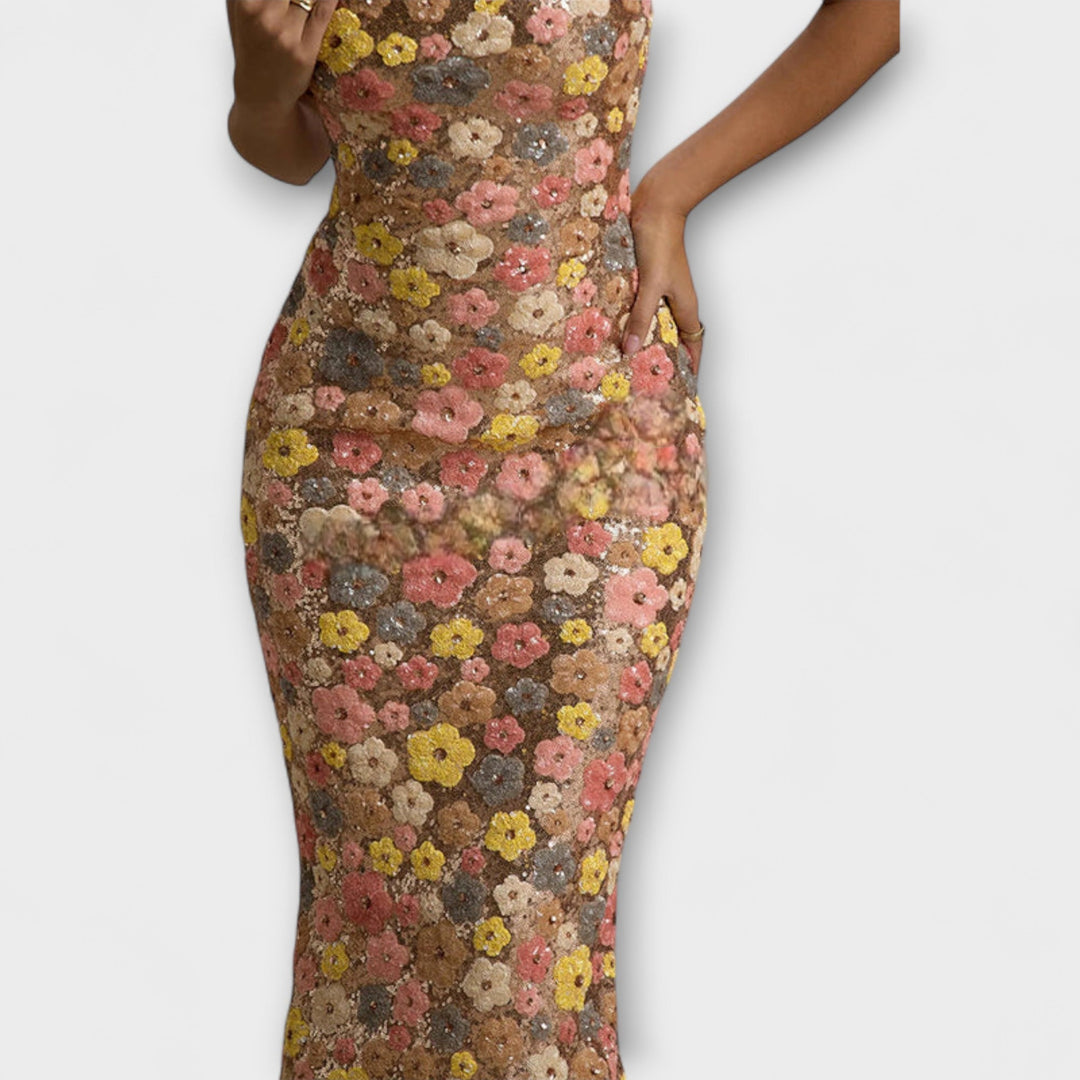 Boleslava - Dlouhé šaty s květinovým potiskem a flitry