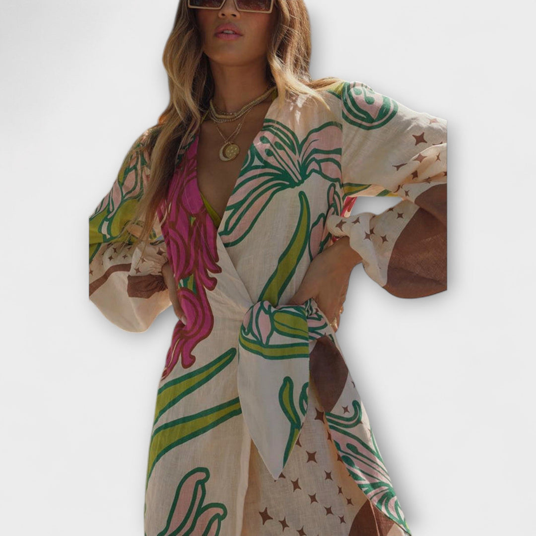 Kamila - Maxi tunika na dovolenou s vázáním v pase.