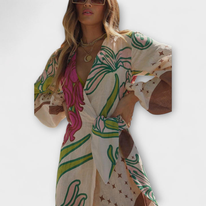 Kamila - Maxi tunika na dovolenou s vázáním v pase.