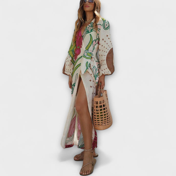 Kamila - Maxi tunika na dovolenou s vázáním v pase.