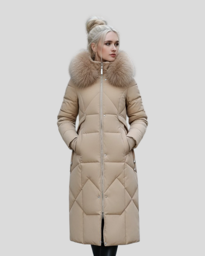 Šárka - Dlouhý puffer kabát s luxusním kožíškem