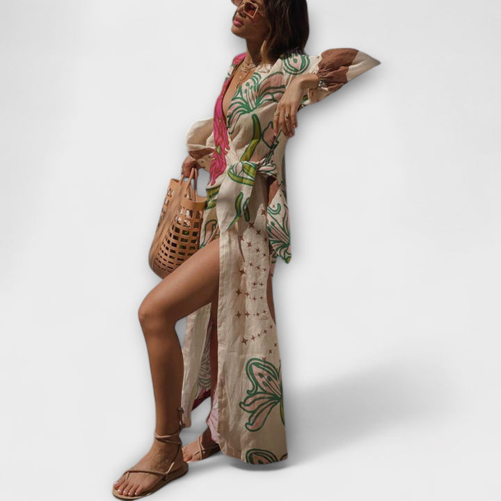 Kamila - Maxi tunika na dovolenou s vázáním v pase.