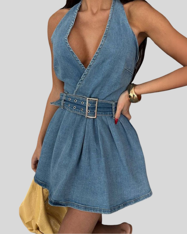 Alicia - Džínové zavinovací šaty bez rukávů s výstřihem do V
