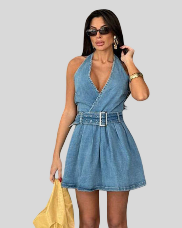 Alicia - Džínové zavinovací šaty bez rukávů s výstřihem do V