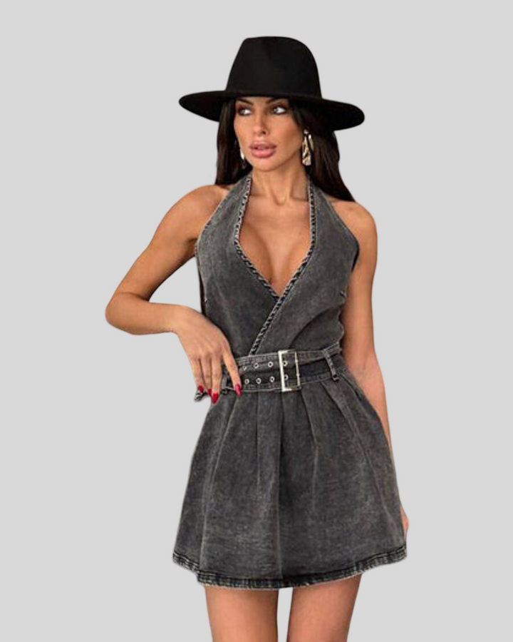 Alicia - Džínové zavinovací šaty bez rukávů s výstřihem do V