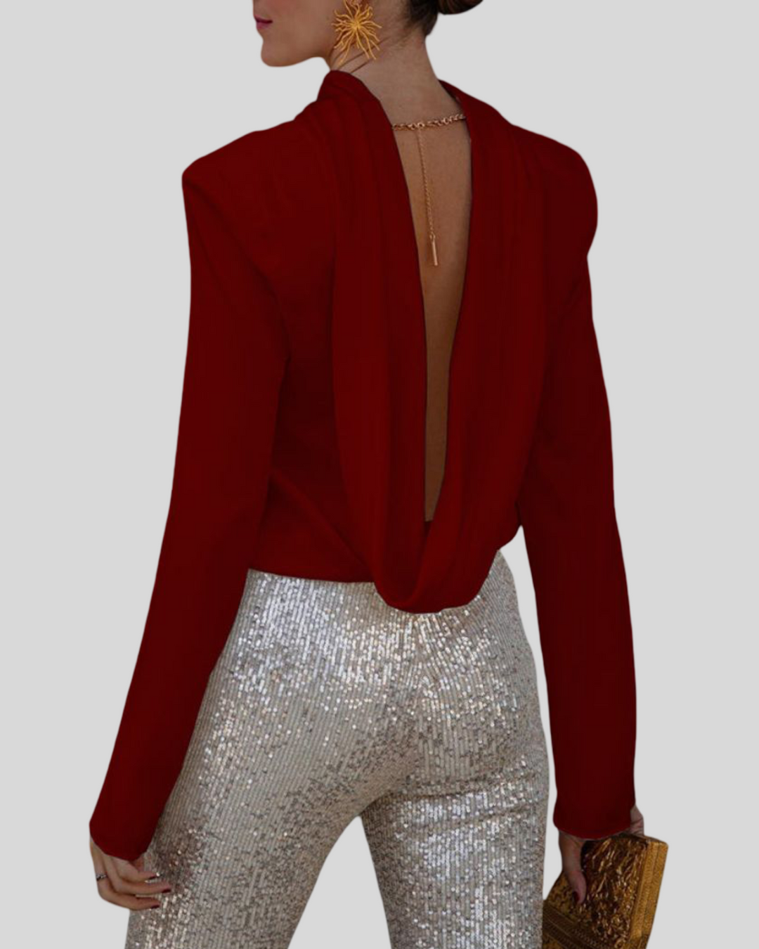 Alisa - Dámská blůza s dlouhým rukávem a odhalenými zády s drapérií