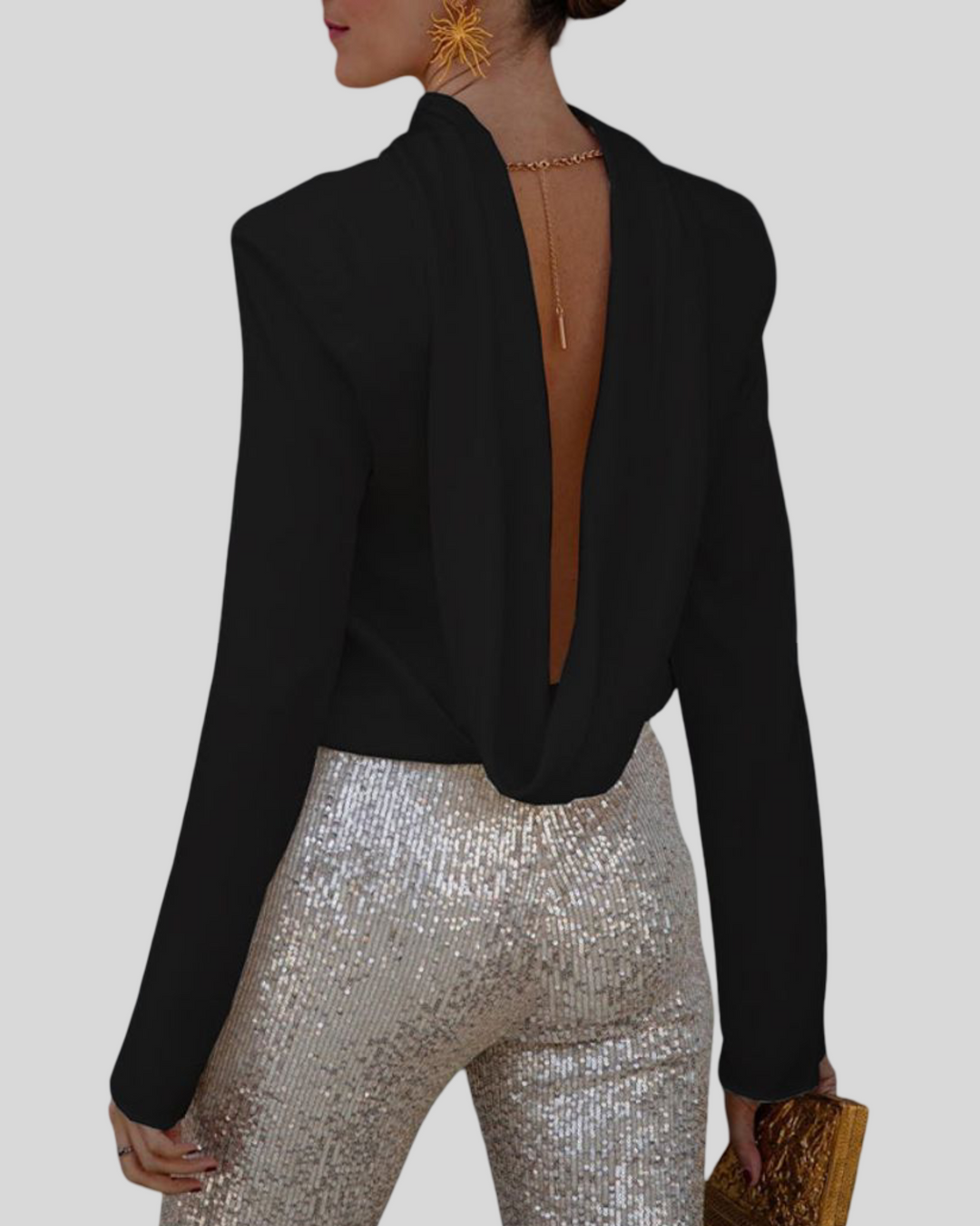 Alisa - Dámská blůza s dlouhým rukávem a odhalenými zády s drapérií