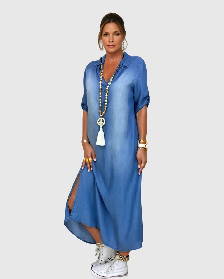 Marta - Dlouhé džínové šaty s bočním rozparkem