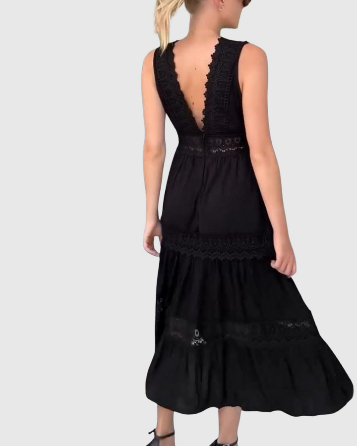 Hedvika - Midi šaty bez rukávů v boho stylu s krajkovými detaily