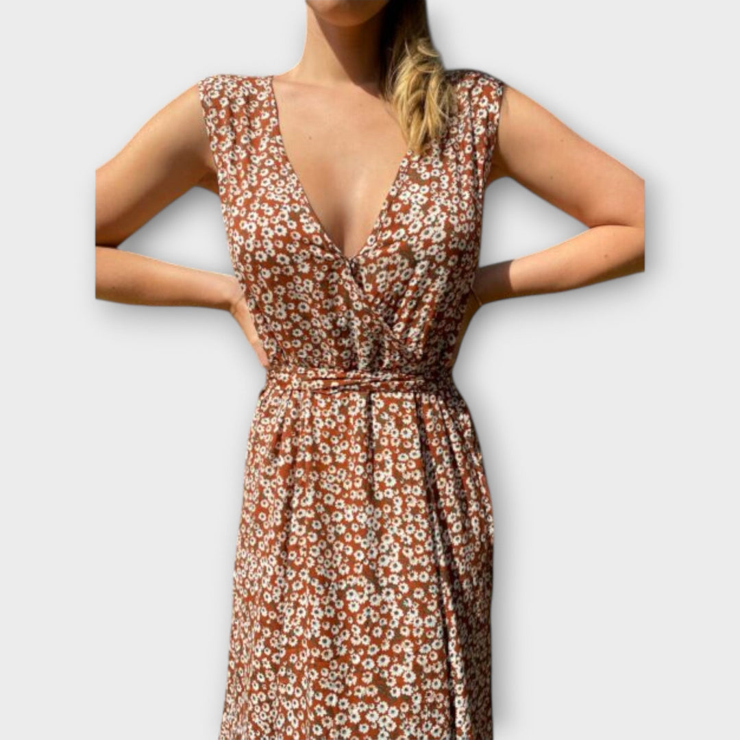 Melánie - Dlouhé letní boho šaty bez rukávů s květinovým potiskem.