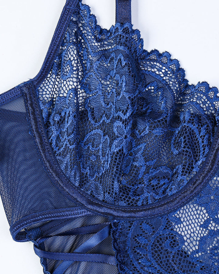 Christina™ | Tělové transparentní s krajkou a květinovým vzorem a mašlí na boku