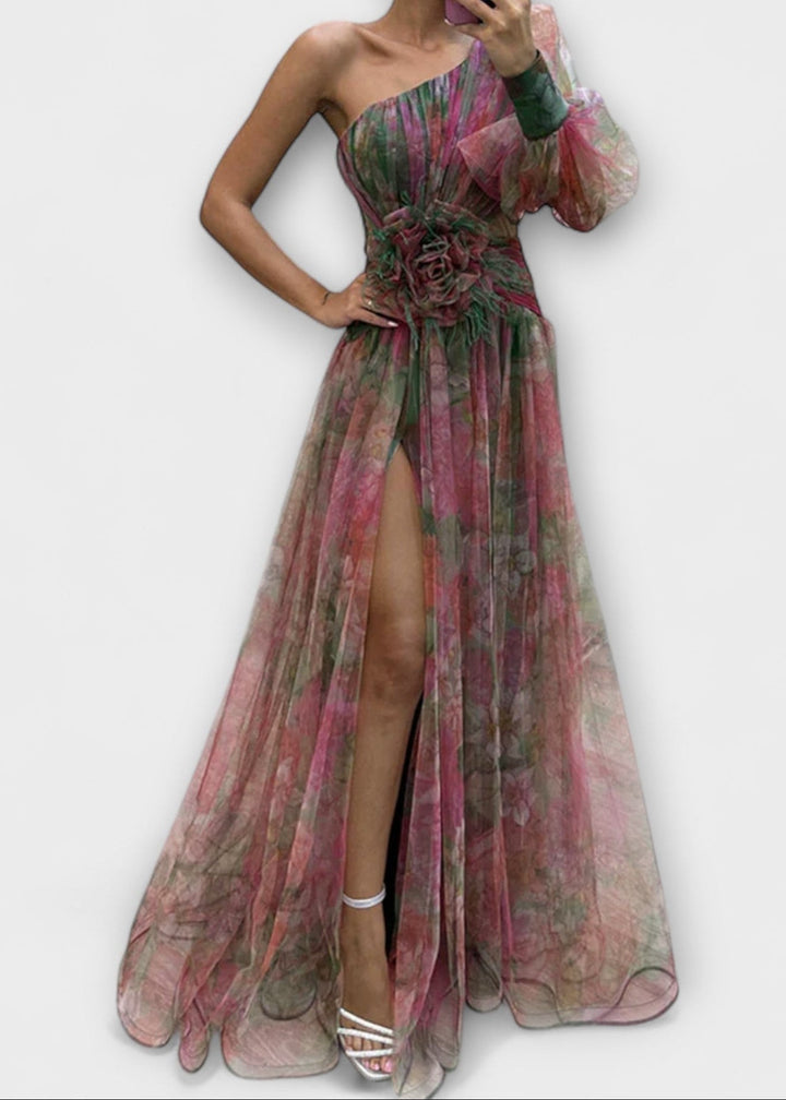 Amálie - Šaty s jedním rukávem a rozparkem