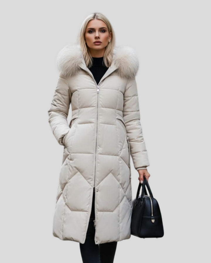 Šárka - Dlouhý puffer kabát s luxusním kožíškem