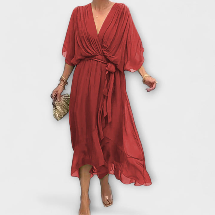 Iveta - Lehká midi šaty s výstřihem do V a páskem na zavazování.