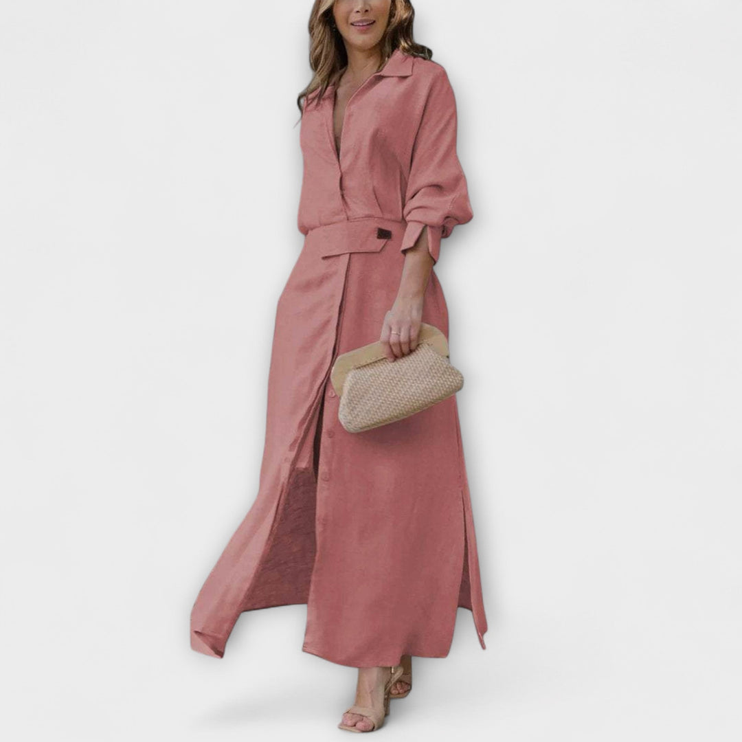 Adriana - Dlouhé lněné šaty s výstřihem do V