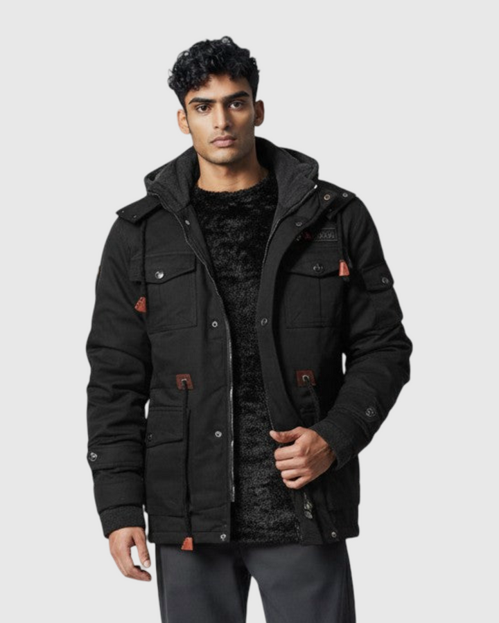 Denis - Vojenská bunda s vysokým límcem a mnoha kapsami